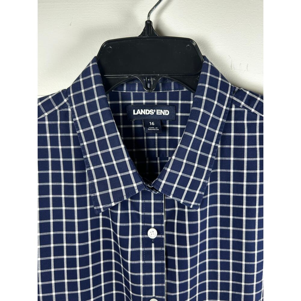 EUC Land's End Navy Blue and White Checkered Mens Button Up, Size 16 - Picture 2 of 9